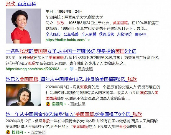 （图：传张欣加入美国籍的百度截图）