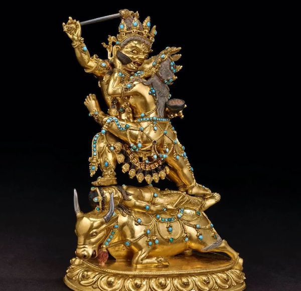 红阎摩敌与昆院利金刚，铜、孔雀石、金及彩绘，西藏，16至17世纪