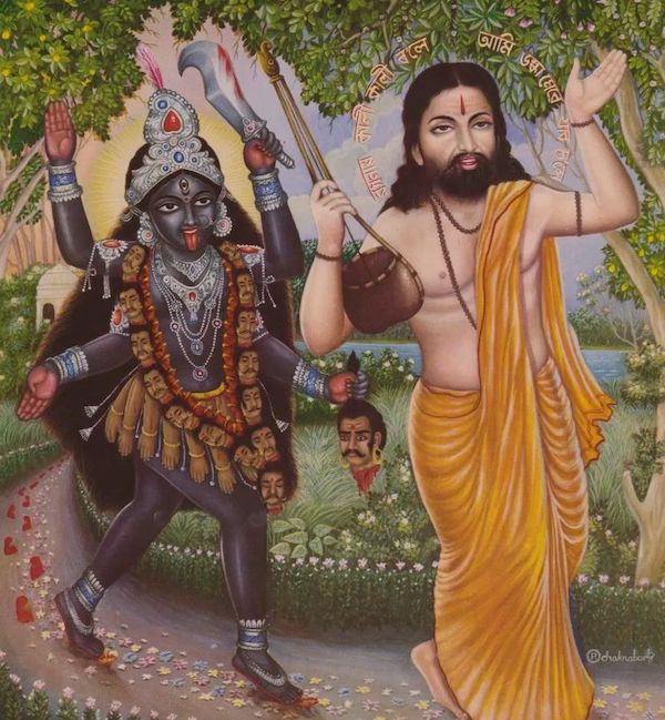 版画表现了兰普拉萨德·塞恩和女神时母，孟加拉邦，印度，20世纪