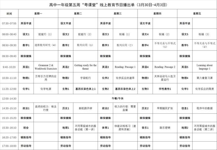 第五周“粤课堂”线上教育节目播出单出炉！