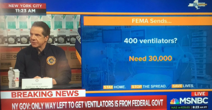 随着确诊病例上涨，纽约的呼吸机需求数量不断刷新  图片来源：MSNBC