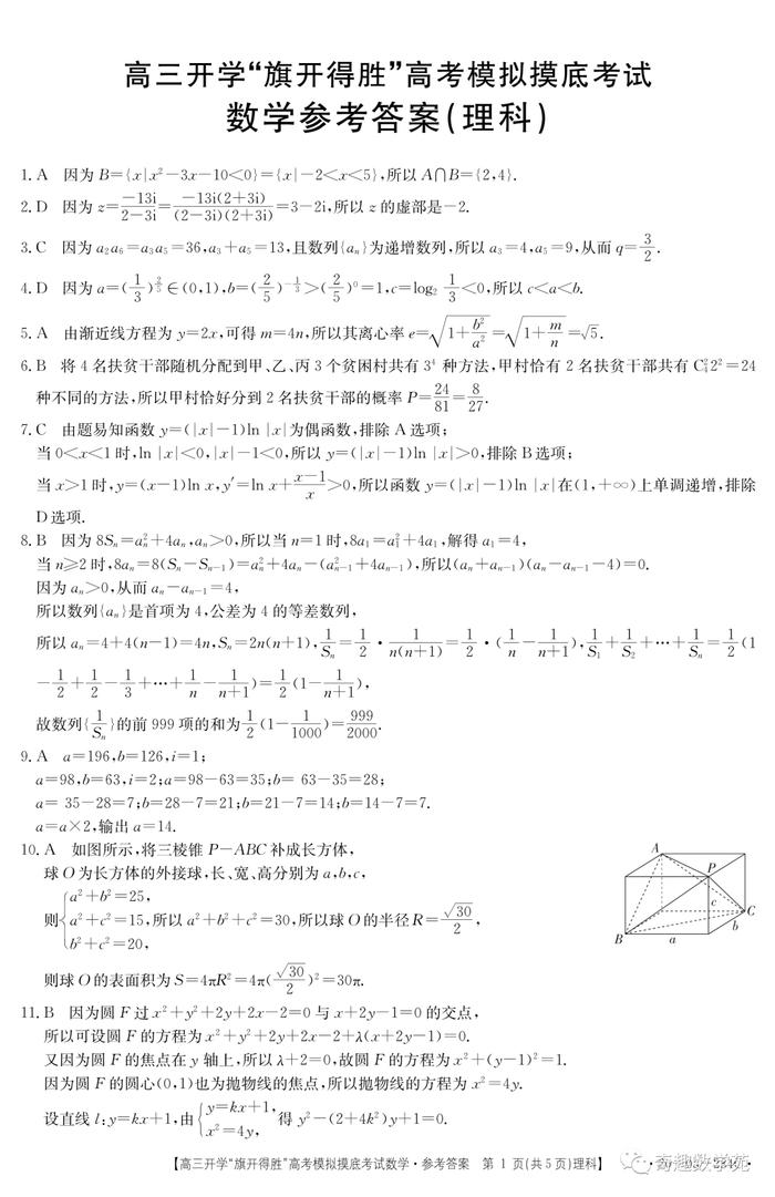 山西省20200330“旗开得胜”高考模拟摸底考试数学试题及详答+20200330山西高三调研考试试题及详答