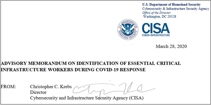 《疫情应对期间，鉴别必要的关键基础设施工作者的咨询意见备忘录》 图片来源：国土安全部文件截图