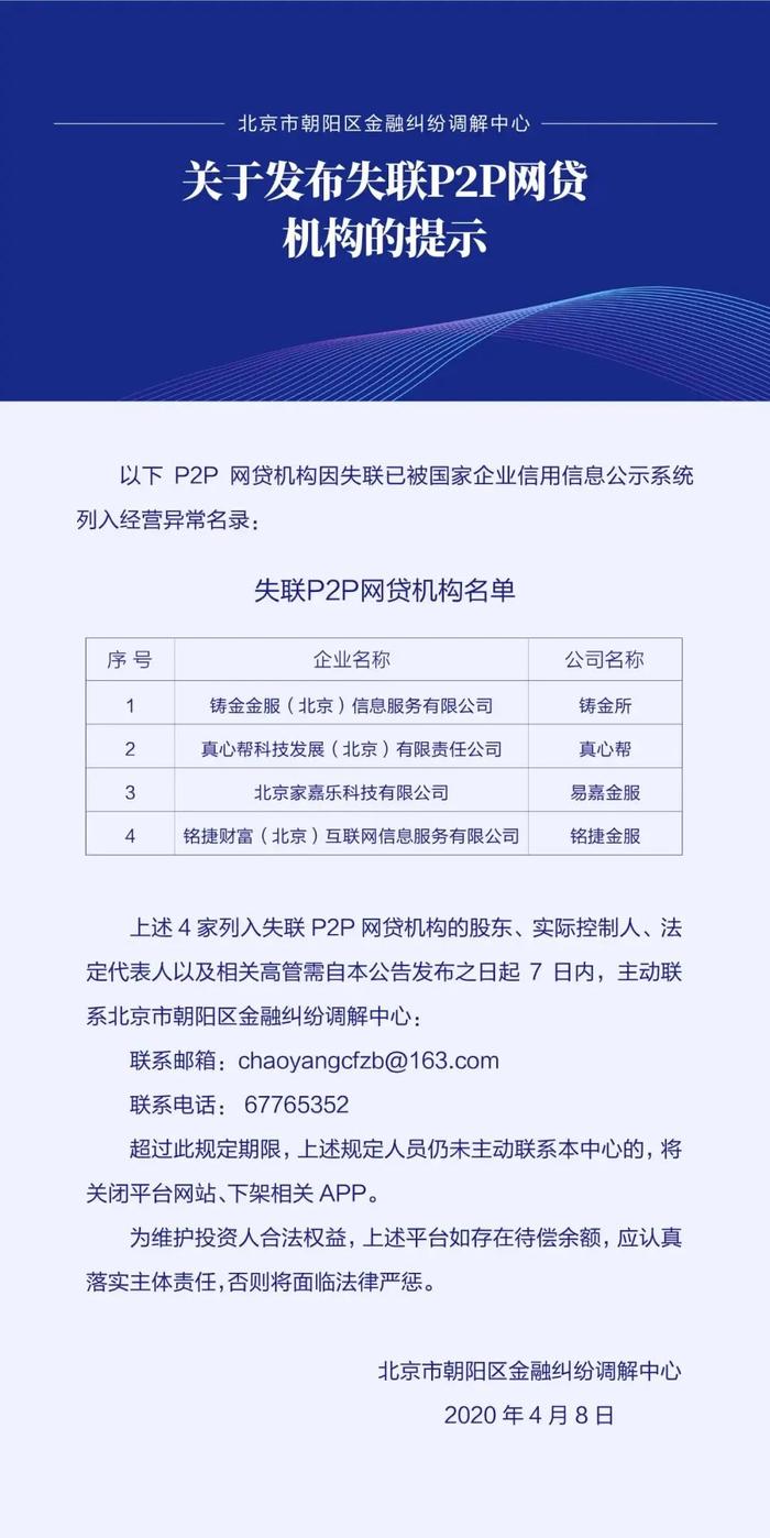 北京再披露4家失联P2P平台名单，已累计公示平台71家