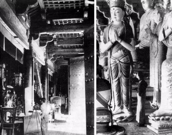 相机三脚架前的梁思成（左）；菩萨像下的林徽因（右）