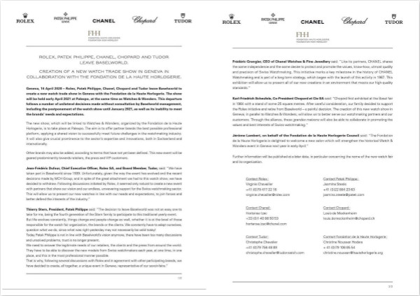 （4月14日，劳力士、百达翡丽、香奈儿、萧邦和帝舵发表退出巴塞尔表展的联合声明。）