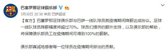 巴萨官方宣布全体球员降薪幅度将超过70%。