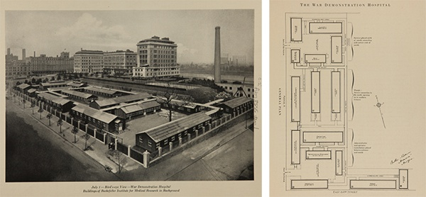 洛克菲勒研究所的战争示范医院鸟瞰图与战争示范医院设计图（1917年）