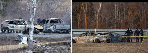 沃特曼与警方对峙前后，包括燃烧的车辆、警察持枪靠近车辆、烧毁的车辆。
