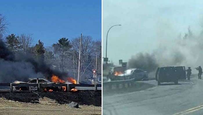 △沃特曼与警方对峙前后，包括燃烧的车辆、警察持枪靠近车辆、烧毁的车辆