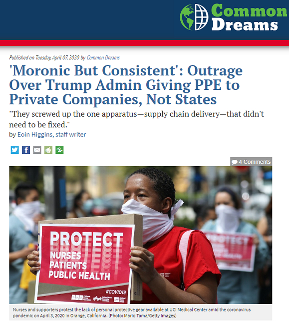 △“共同梦想”网站刊文指责特朗普政府将个人防护用品给向私企而非州政府