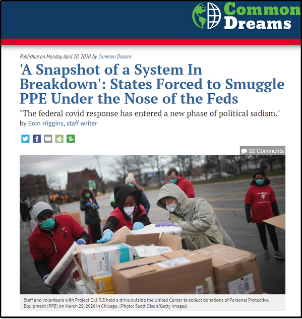△“共同梦想”网站刊文报道了州政府被迫瞒着联邦政府偷运防护用品的窘状