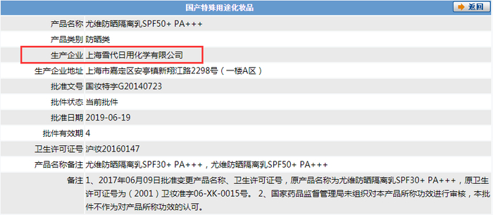 　　国产特殊用途化妆品披露内容