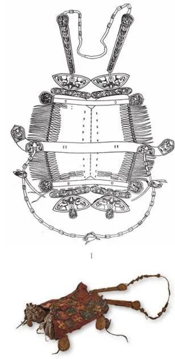 图一一  巴泽雷克墓地出土的马鞍及墨线图（从上至下：1、2）
