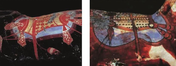 图五 香山汉墓出土的彩绘陶马及局部特写（从左至右：1、2）