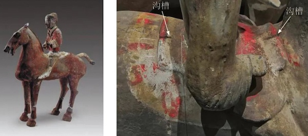 图六 杨家湾汉墓骑马俑及鞍部特写（从左至右：1、2）