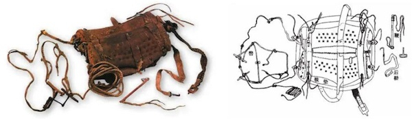 图一 苏贝希墓出土的软马鞍及墨线图（从左至右：1、2）