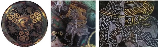 图三  洛阳金村古墓出土的金银错狩猎纹镜及局部特写（从左至右：1、2、3）