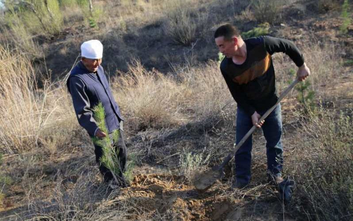 爷爷郭成旺带着重孙子郭涛在沙漠。受访者供图