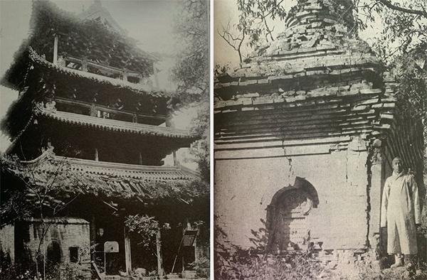少林寺的鼓楼（左）和东都敬爱寺法玩禅师塔（右）