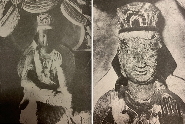 菩萨像修复后的容貌（左），山下杢太郎剥除油彩后的佛像旧貌