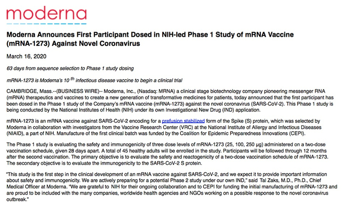 美国Moderna公司3月16日发布I期临床试验公告。Moderna 公司官网截图
