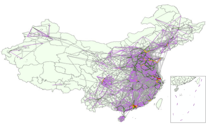 图3 全国货车行程轨迹图（按车流量级） 