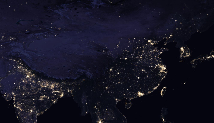 图1 中国夜晚灯光图（NASA 2016）