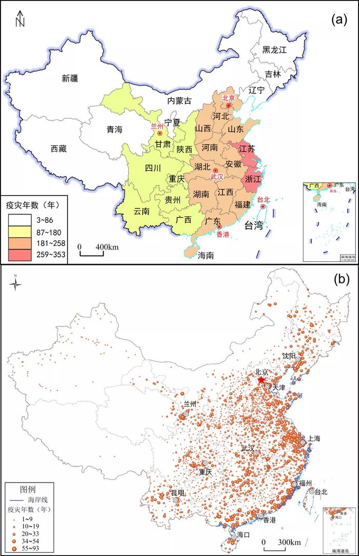 图3 中国历史疫灾的空间分异图（a） 2200年来按省域统计；（b） 300年来按县域统计