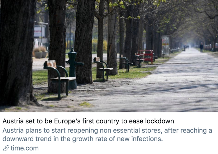 奥地利成为欧洲第一个解除防疫措施的国家。《时代》杂志报道截图