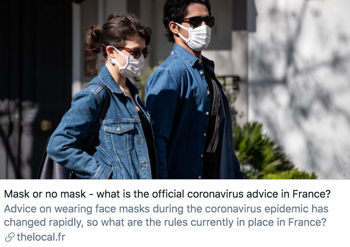 法国官方对于配戴口罩的建议是什么？The Local France报道截图
