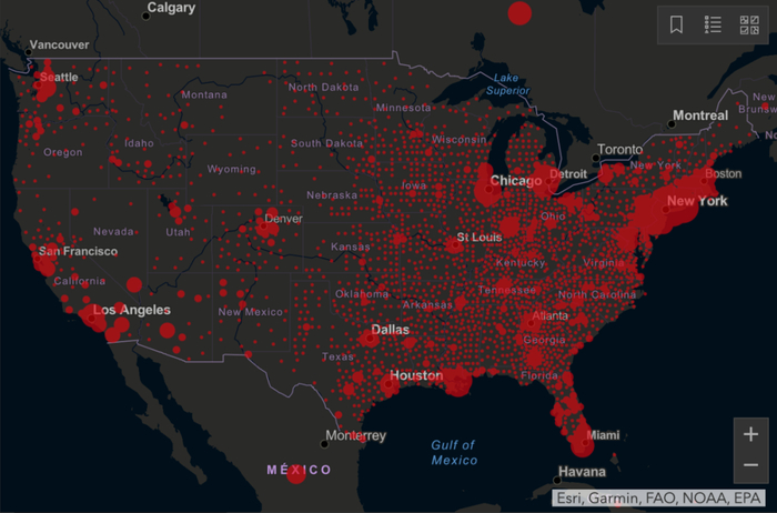 美国疫情地图 来源：约翰斯·霍普金斯大学