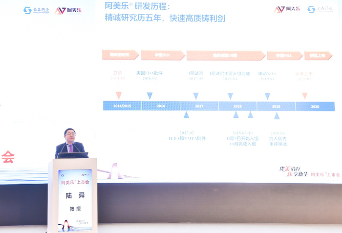  陆舜介绍国产创新药“阿美替尼”临床研究。 澎湃新闻记者 陈斯斯 摄