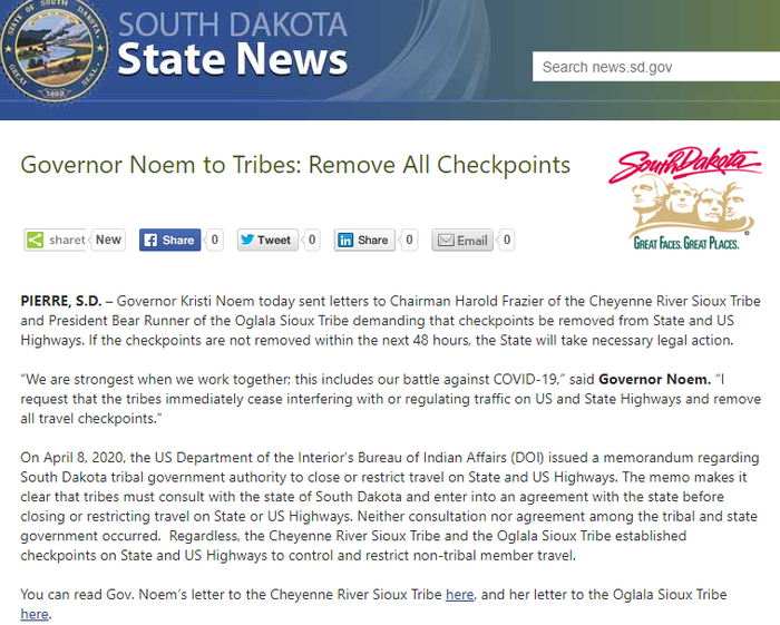 图为南达科他州向两个印第安苏族部落下达的“最后通牒”