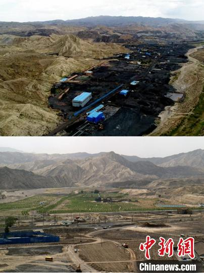 大磴沟生态修复前后对比图。(生态修复前为资料图) 石羽佳 摄