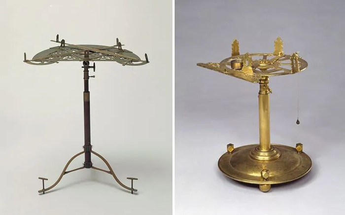 △ 四游标半圆仪（左），铜质御制方矩象限仪（右）