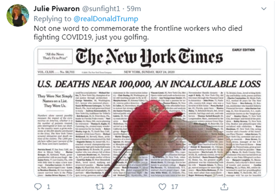 “对那些抗击新冠疫情而死的一线工作者，你一句纪念的话也没有，只是打高尔夫球。”