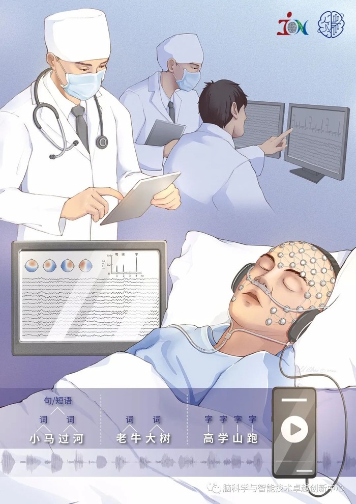 图1、研究者结合多层级语言序列范式和头皮高密度脑电记录，帮助临床医生对意识障碍患者的意识水平进行诊断和预后判断