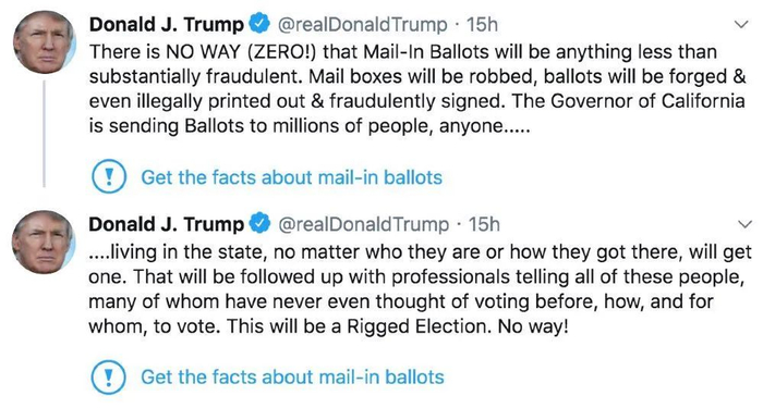 特朗普两条推文下出现“事实核查”的标签。/ 推特截图