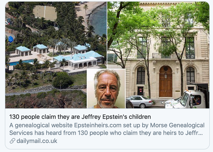 ▲“130人自称是杰弗里·爱泼斯坦的孩子”。《每日邮报》报道截图