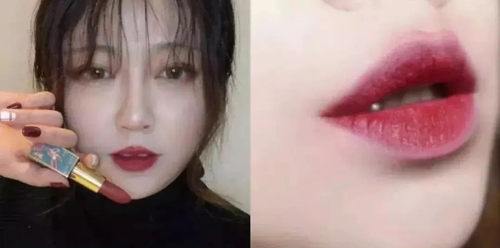 薄涂是温柔的梅子色，整个嘴唇像花瓣一样娇艳欲滴。