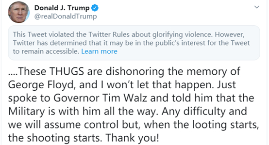  （图为特朗普发帖表态要“出兵”明尼阿波利斯，他还因为在贴文中表示要对“暴徒”开枪，而被推特站方视为“煽动暴力”）
