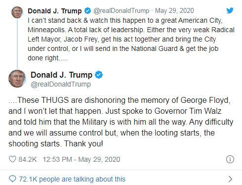 　　弗洛伊德遭暴力执法而死的事件发生后，美国总统特朗普在社交媒体上发布的两条推文。（图片截自特朗普社交媒体账号）