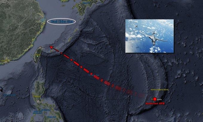 从安德森基地起飞，飞到东海附近空域的B-1B 图源：Aircraft Spot