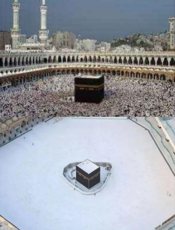 往日朝觐盛况与如今空旷的麦加大清真寺广场