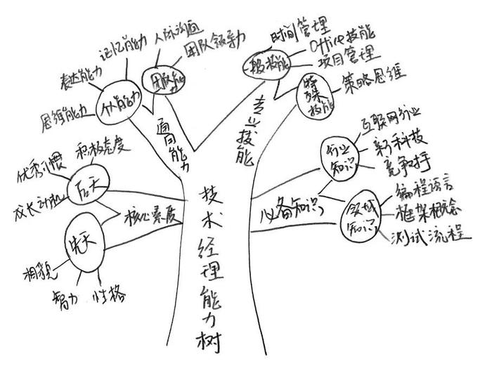 以技术经理为例，这一岗位的能力树如下图所示： 那么能力树到底长什么样呢？为方便起见，我们会用逻辑树的