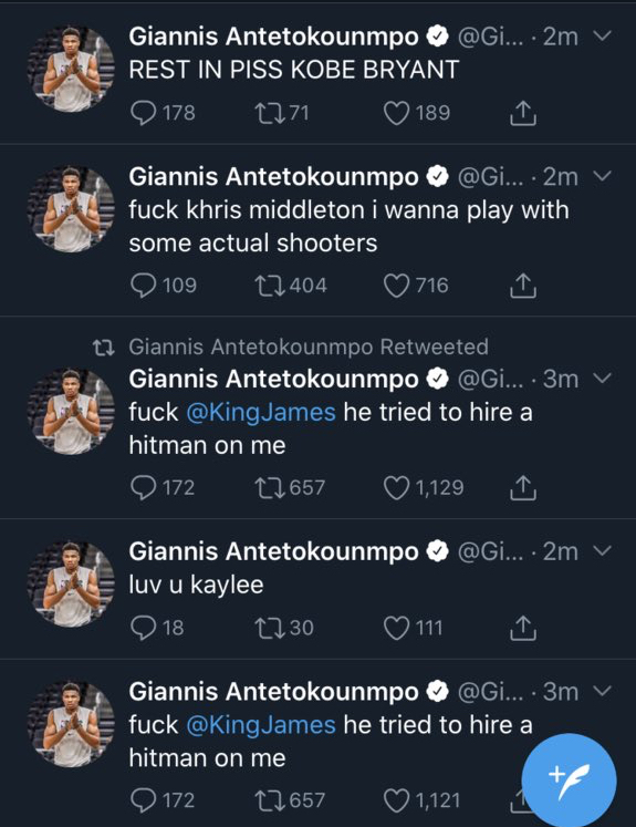 “字母哥”已经就推特被盗报警。