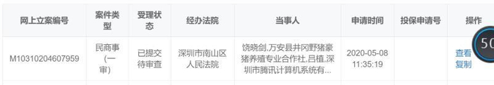 深圳市南山区人民法院网上立案系统显示，该案起诉材料已提交，正在等待审查受理。