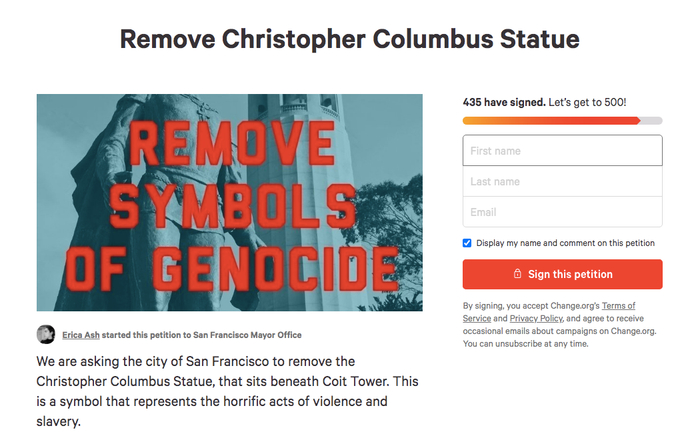 美国民众在线请愿移除哥伦布雕像。/change.org网站截图