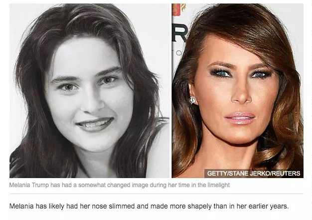 梅拉尼娅年轻时与现在的照片对比。《快报》页面截图